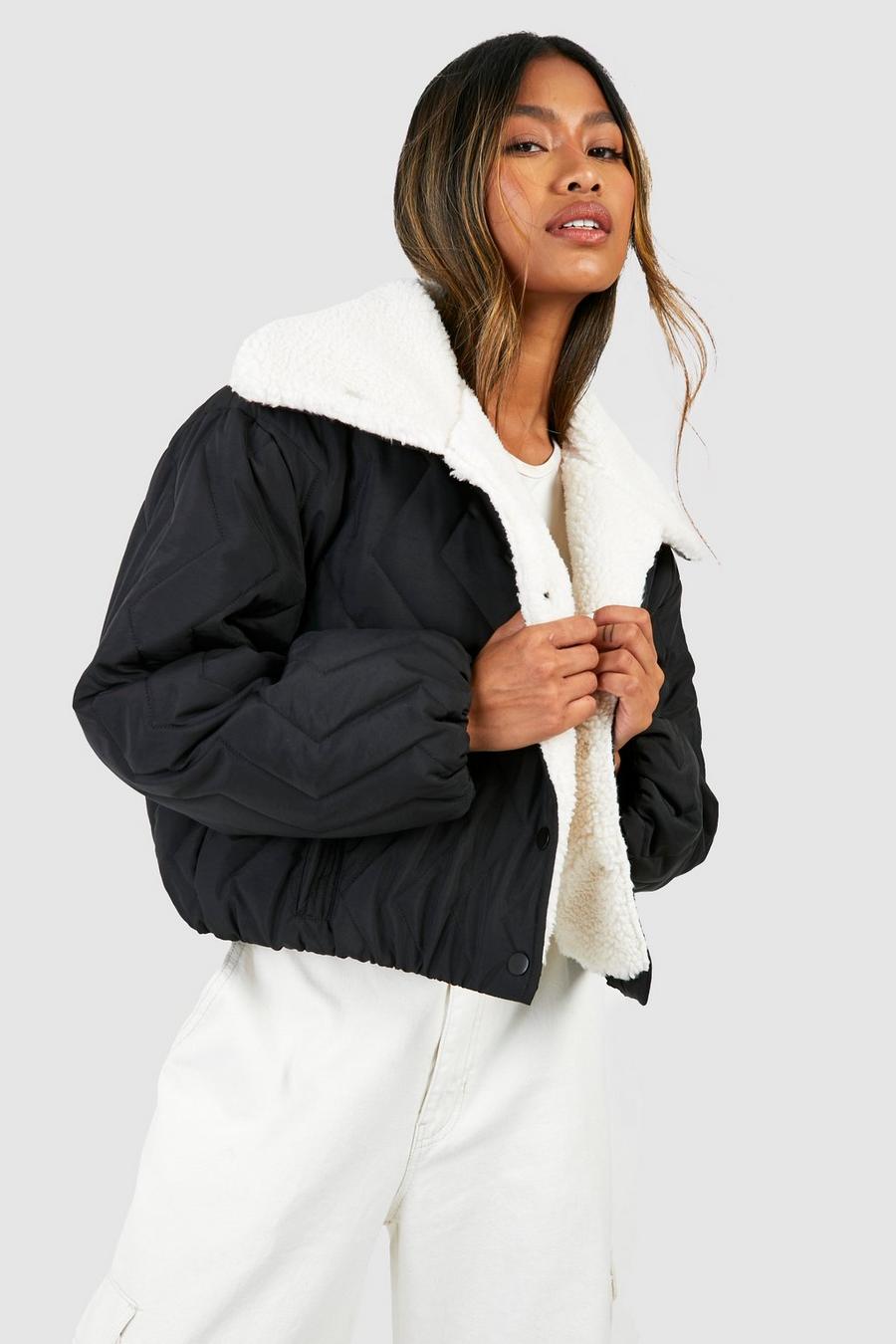Black Teddy Trim Quilted Puffer Jacket