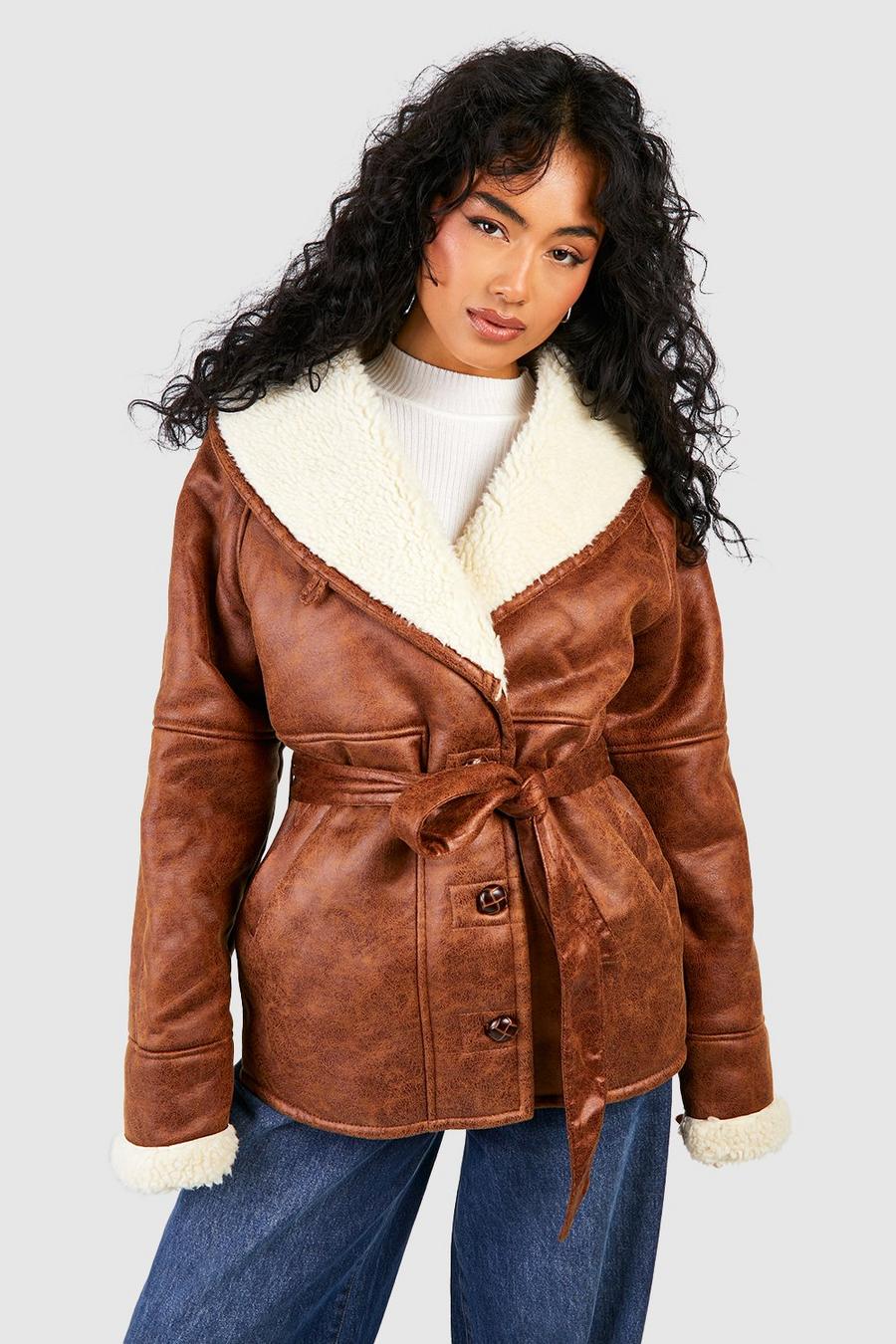 Tan Faux Leather Belted Aviator Jacket 