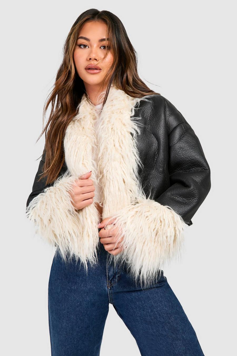 Black Leren Jas Met Faux Fur Zoom