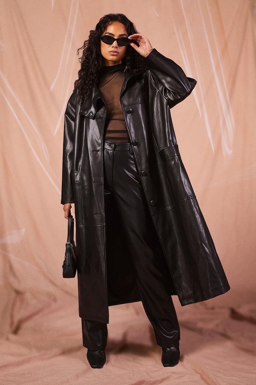 Black Faux Leather Maxi Button Detail Trench Coat image number 1