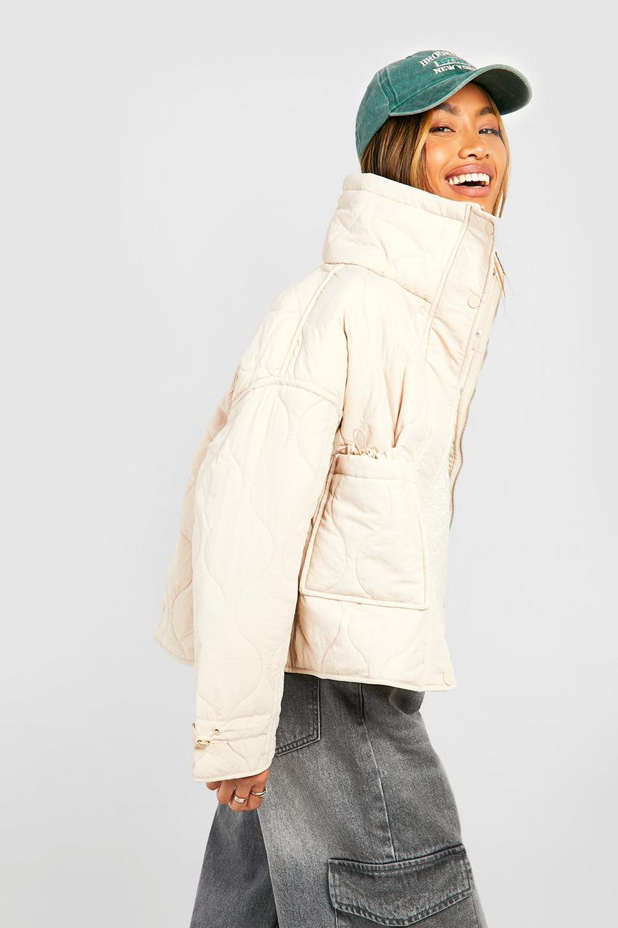 Stone Quilted Toggle Detail Funnel Neck Puffer Jacket 