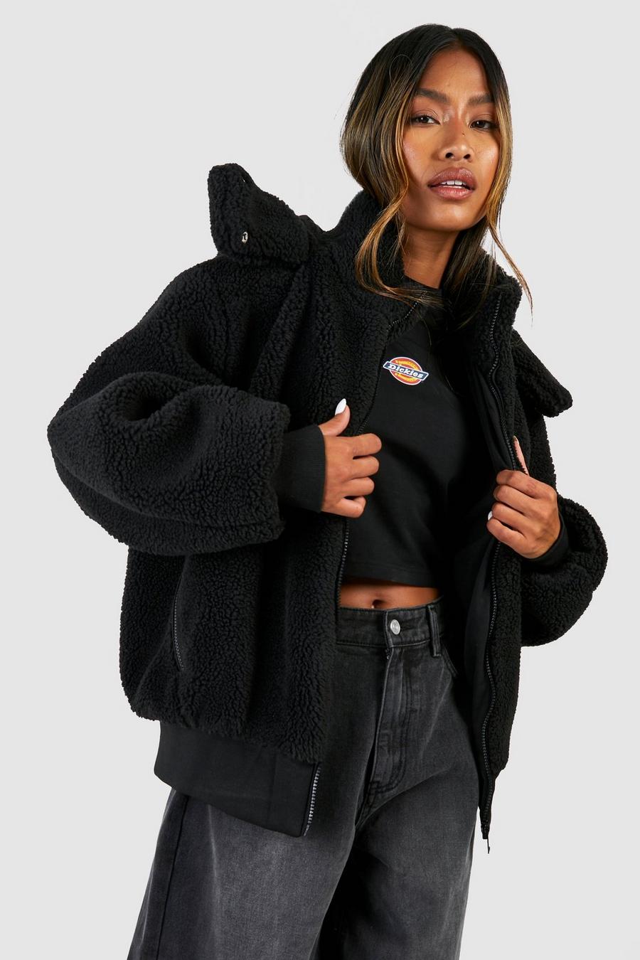 Black Hooded Faux Fur Zip Detail Jacket  image number 1