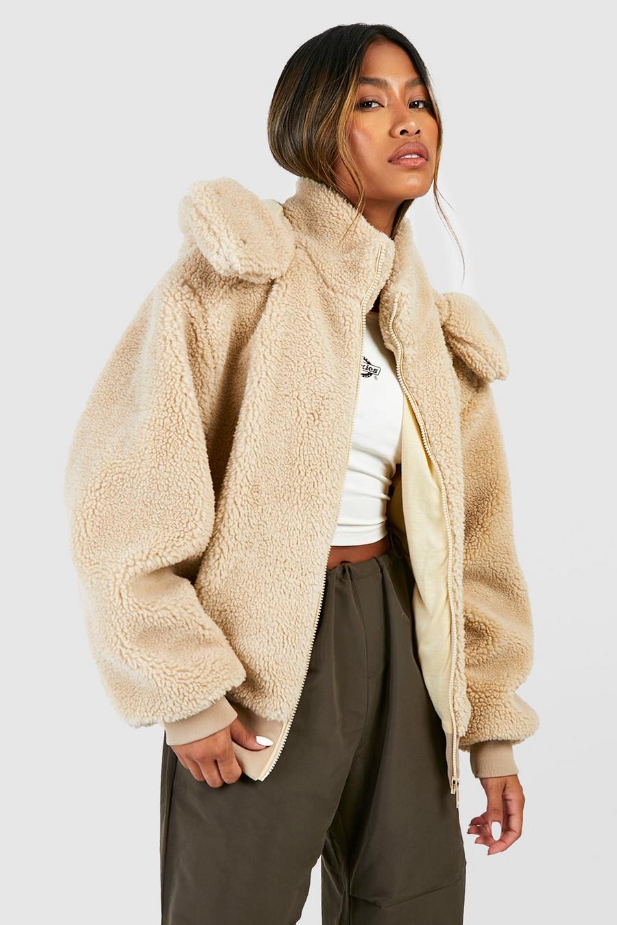 Stone Hooded Faux Fur Zip Detail Jacket 