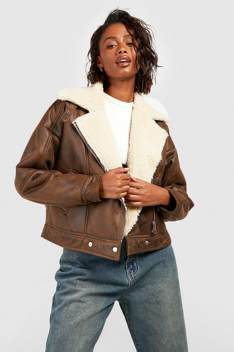 Chaqueta de aviador de cuero sintético con lavado vintage, Dark tan