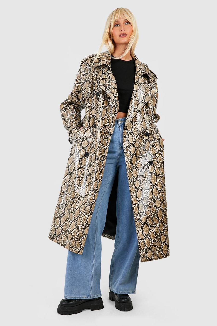 Stone Faux Leather Snake Print Maxi Trench Coat  image number 1