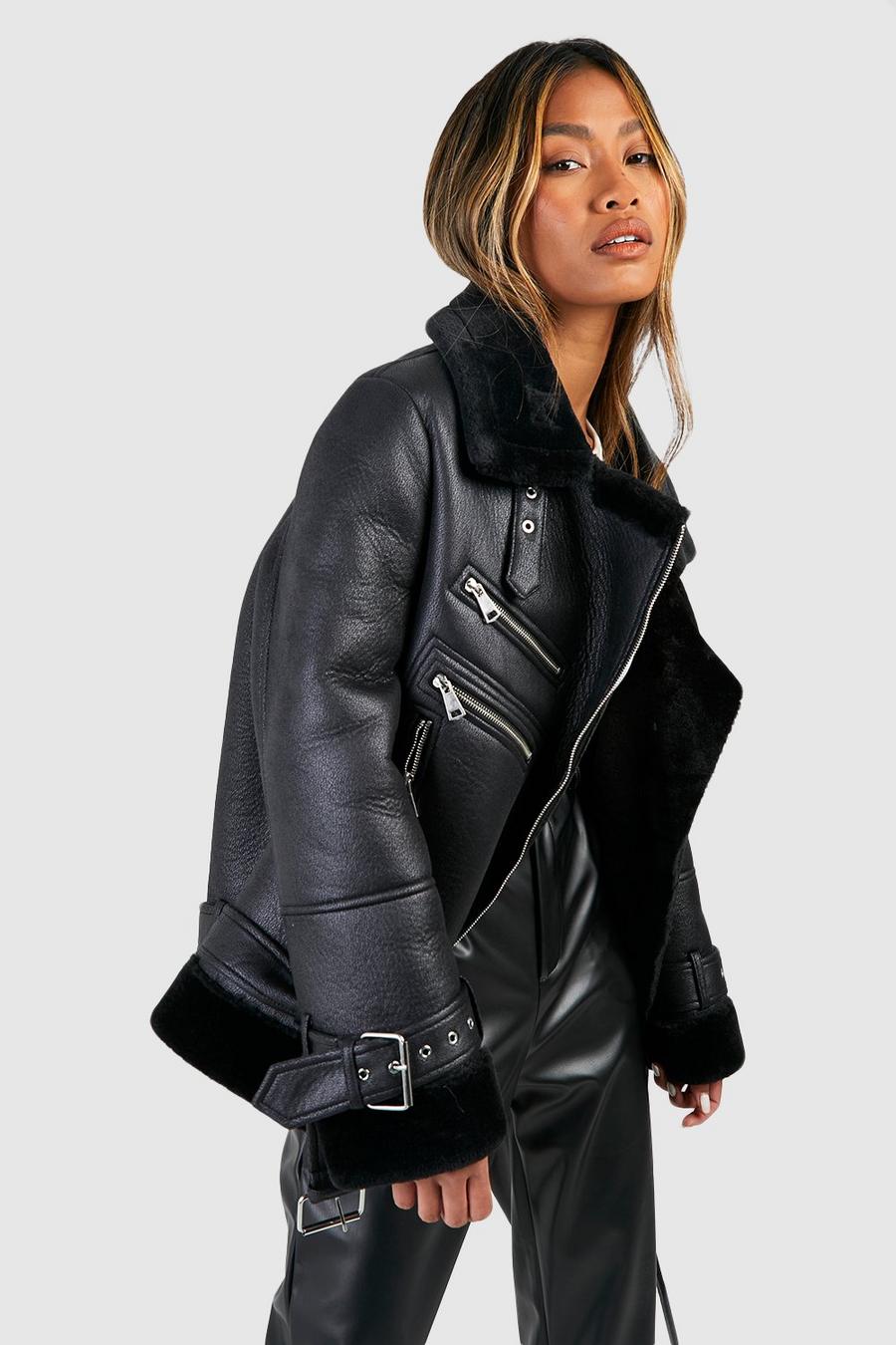 Black Faux Fur Trim Aviator Jacket 