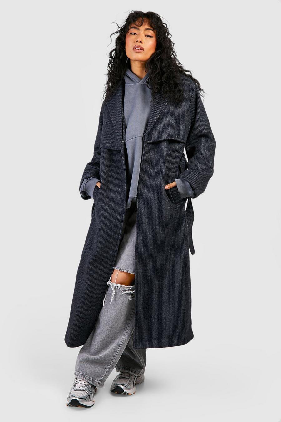 Cappotto Trench in lana a righe verticali con cintura, Navy