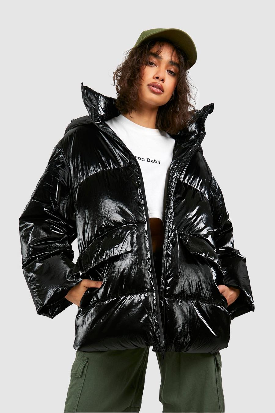 Black Metallic Oversized Hooded Puffer Jacket