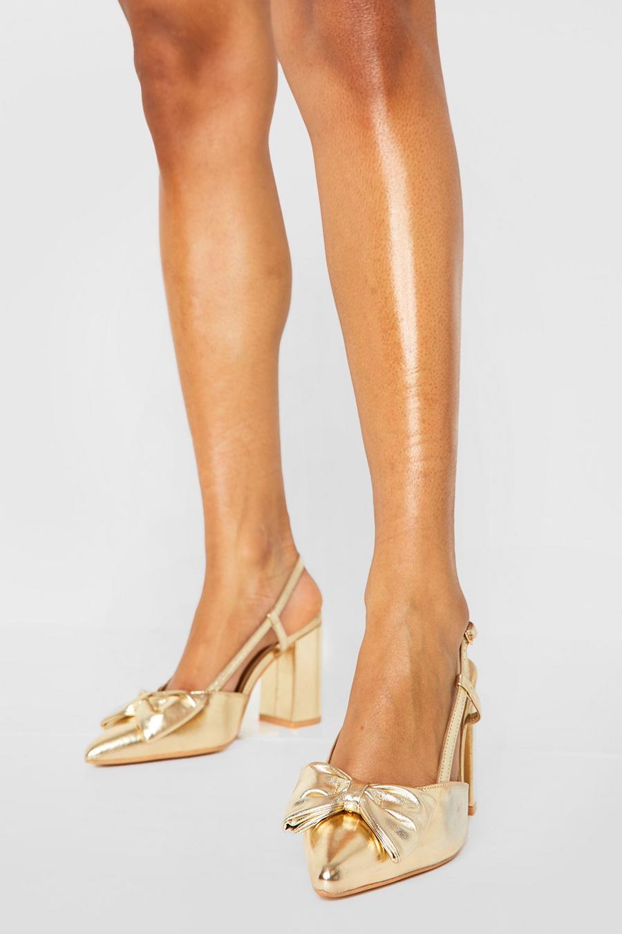 Gold Wide Fit Metallic Bow Detail Court Shoe  image number 1