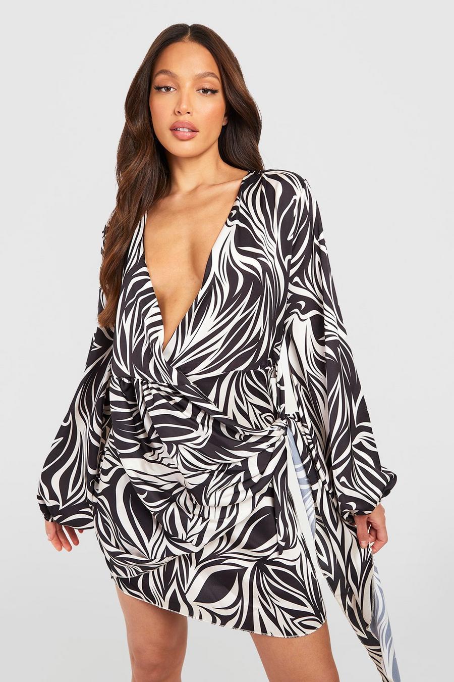 Black Tall Ruched Tie Side Abstract Print Mini Dress