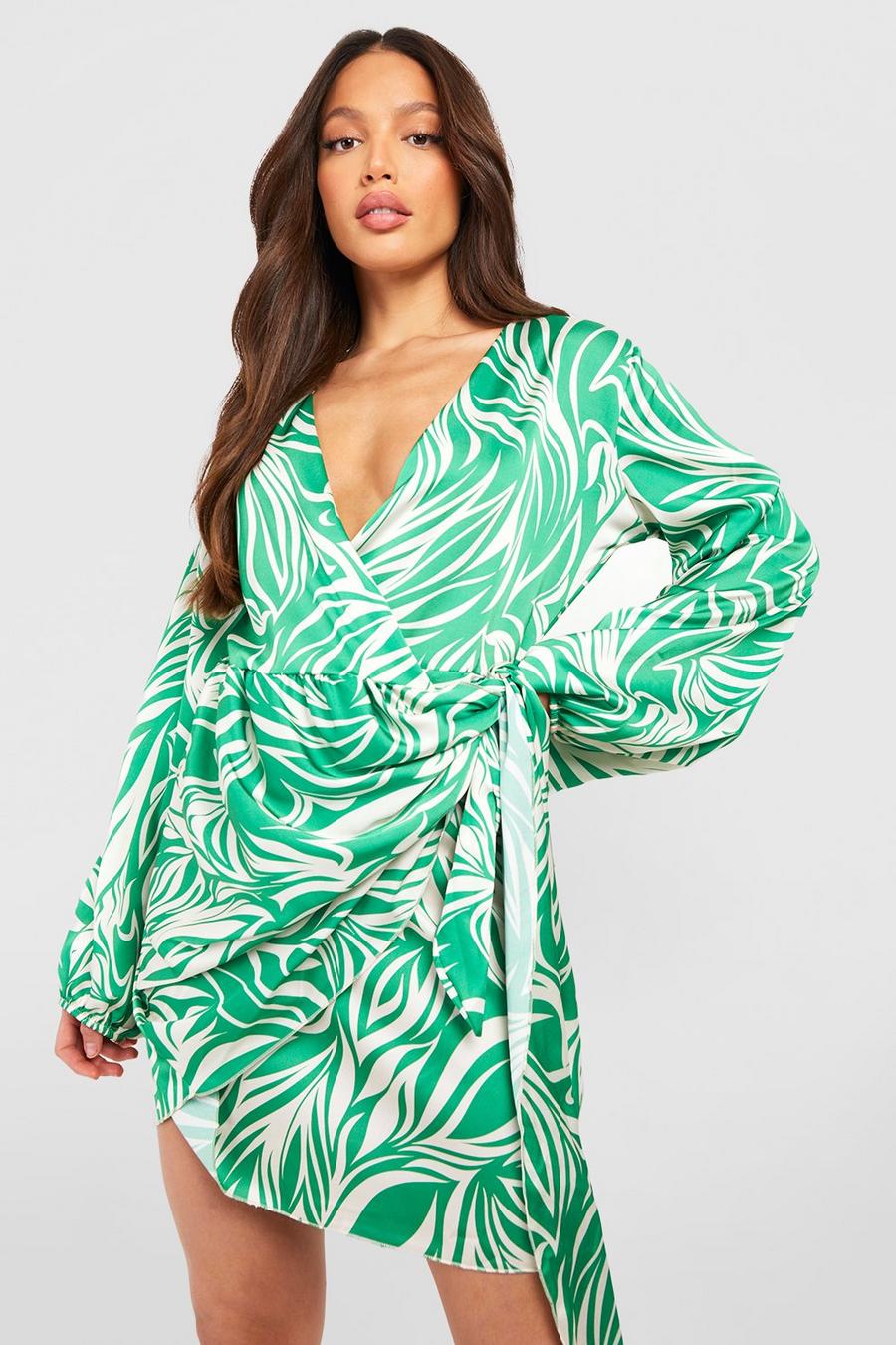 Green Tall Ruched Tie Side Abstract Print Mini Dress