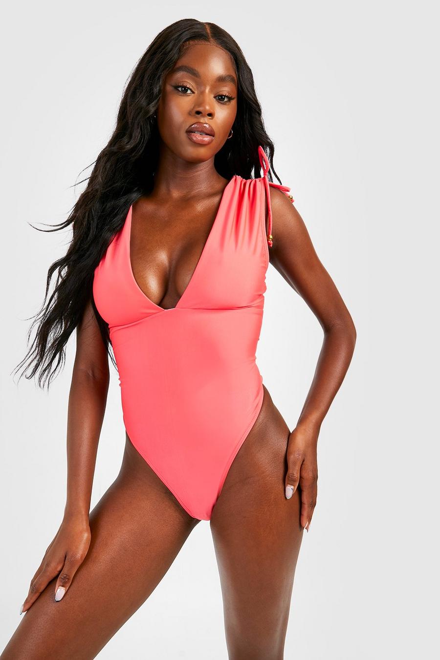 Hot pink Beat Detail Ruched Plunge Swimsuit image number 1