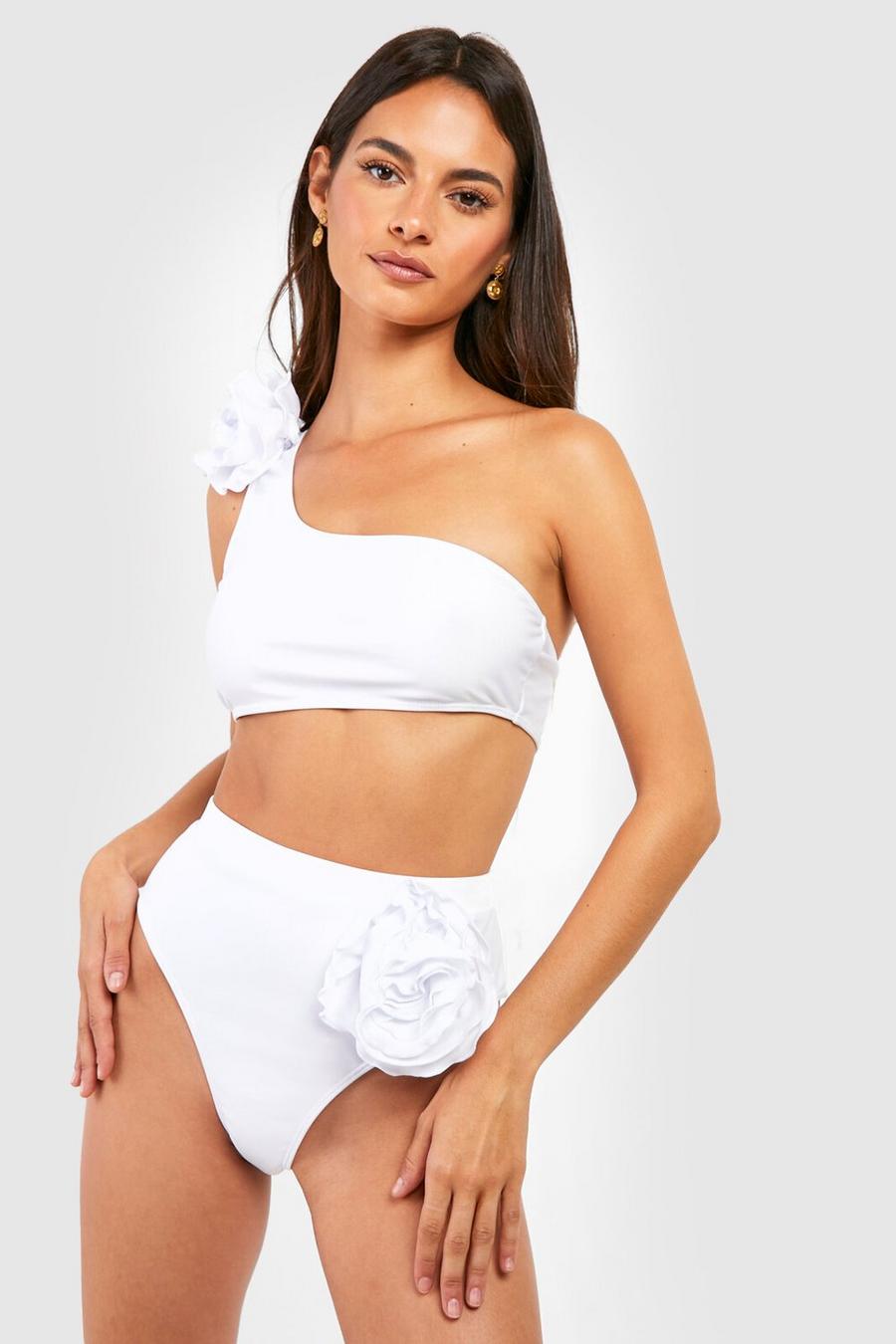 Bikinihose mit hohem Bund und Rosen-Detail, White