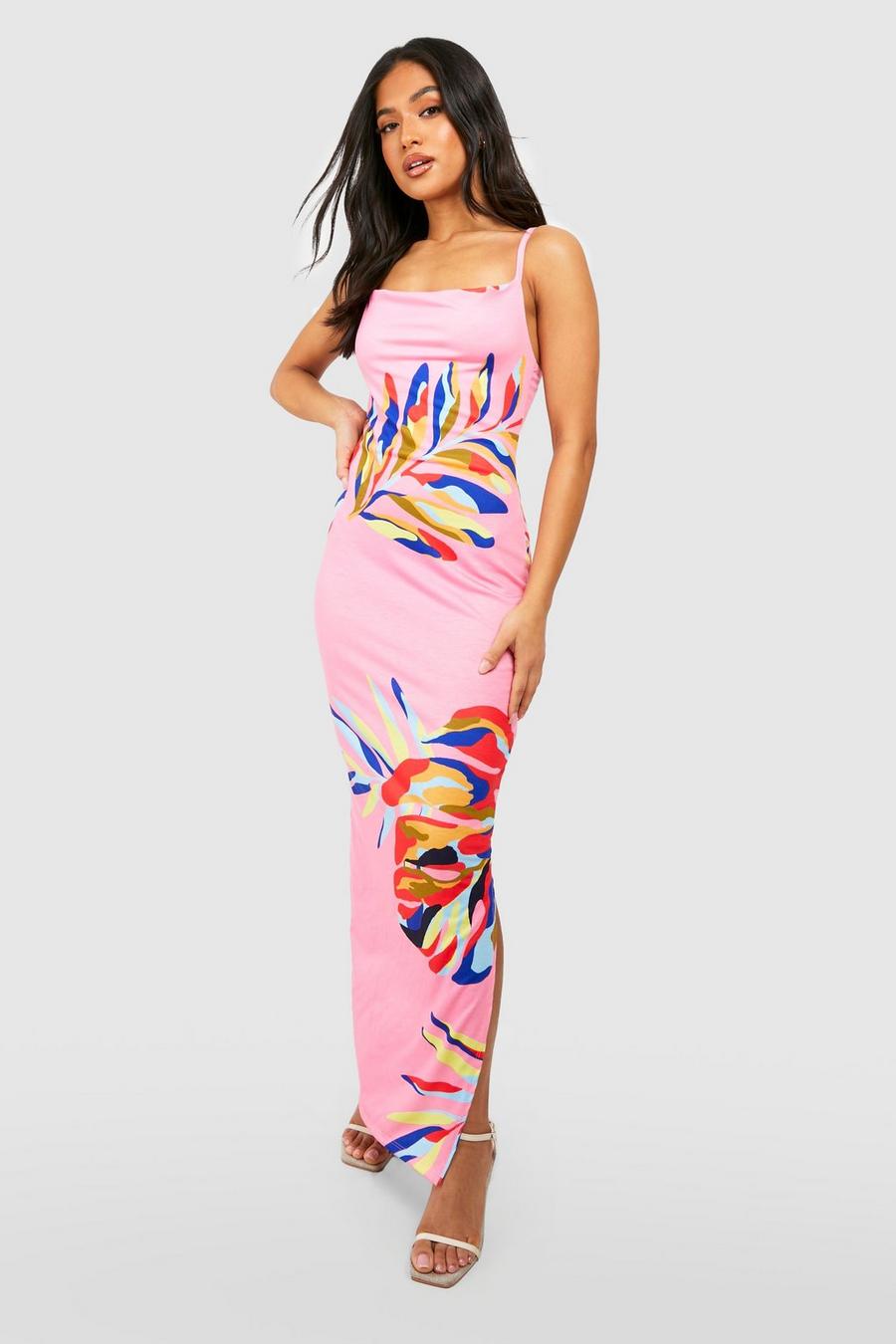 Pink Petite Tropical Print Cowl Front Maxi Dress