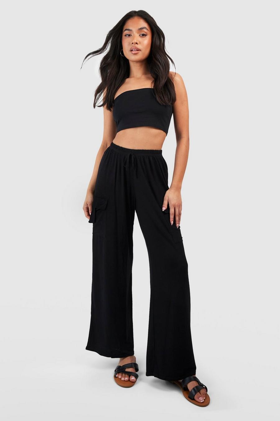 Black Petite Wide Leg Jersey Relaxed Cargo Pants image number 1