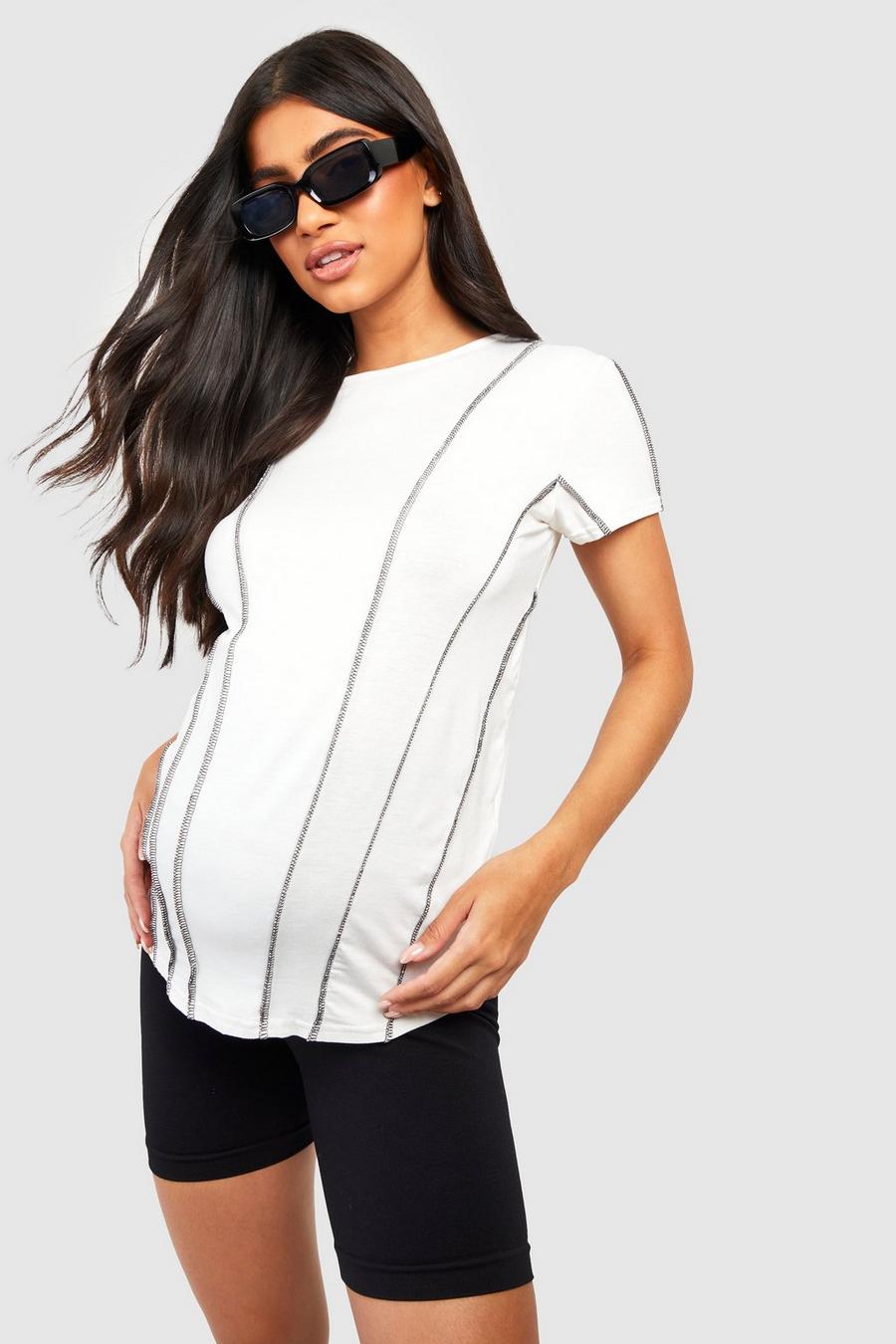 White Zwangerschap T-Shirt Met Contrasterende Naaddetail