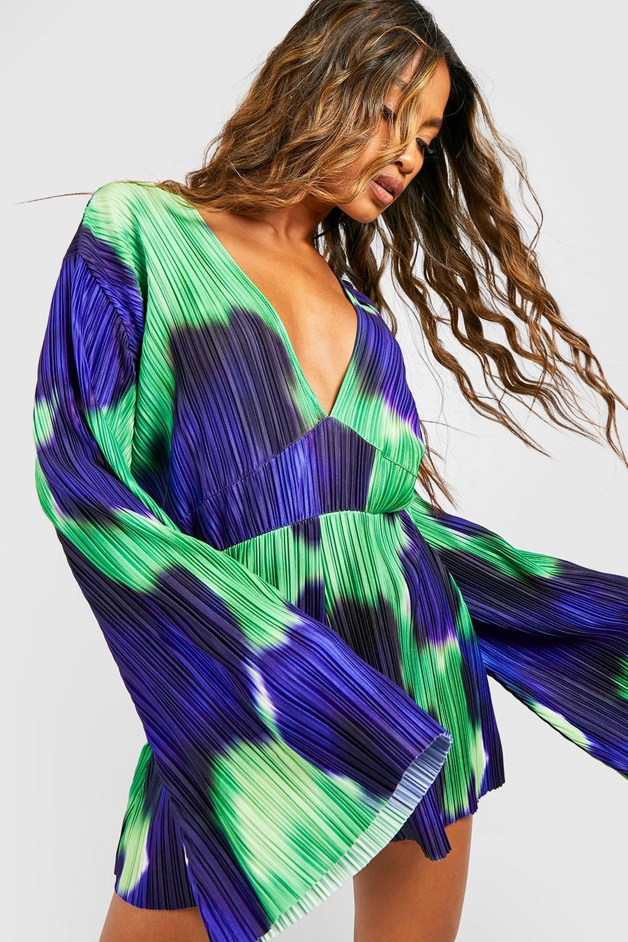 Green Abstract Plisse Flare Sleeve Romper