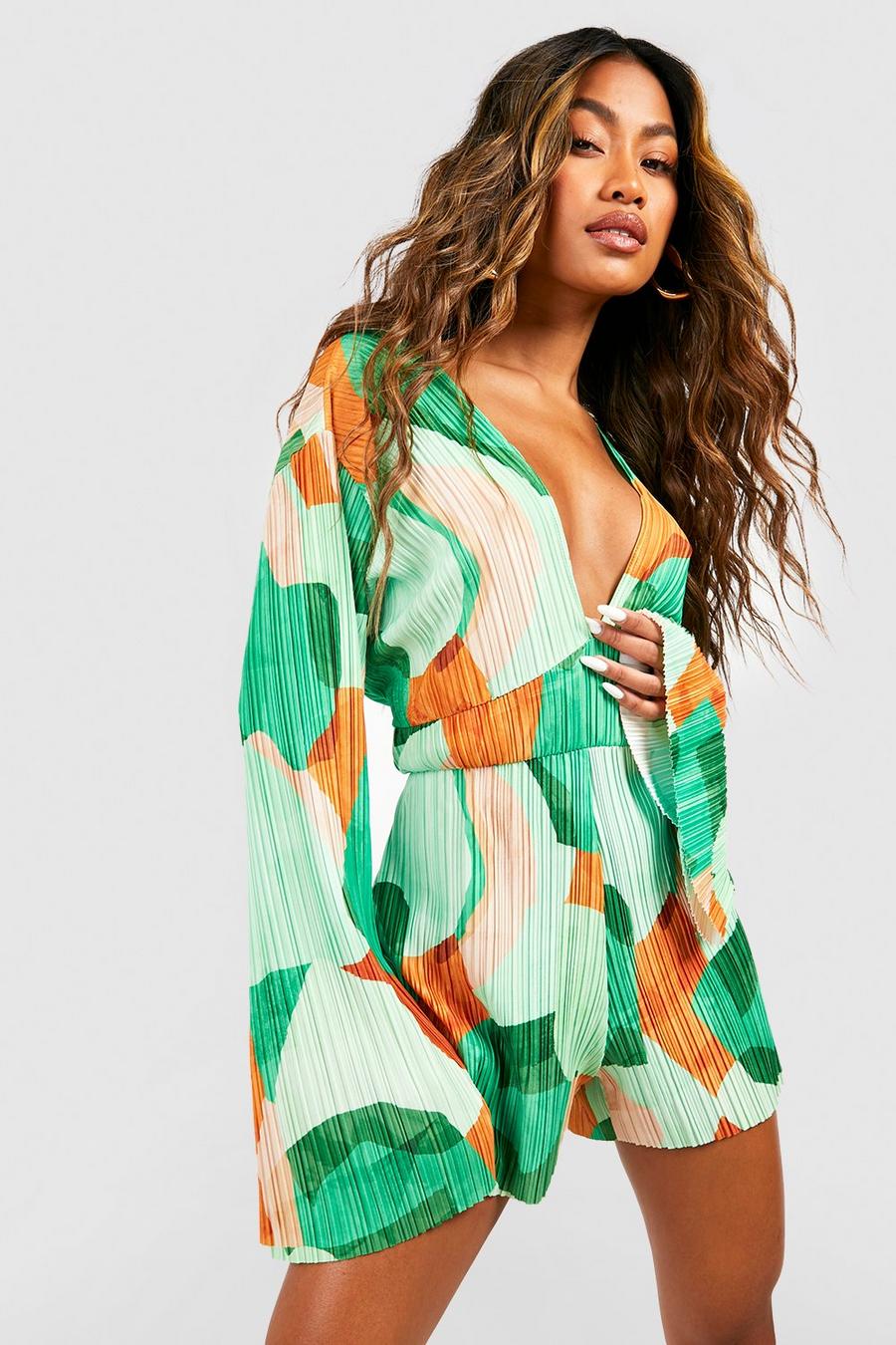 Green Abstract Plisse Flare Sleeve Romper