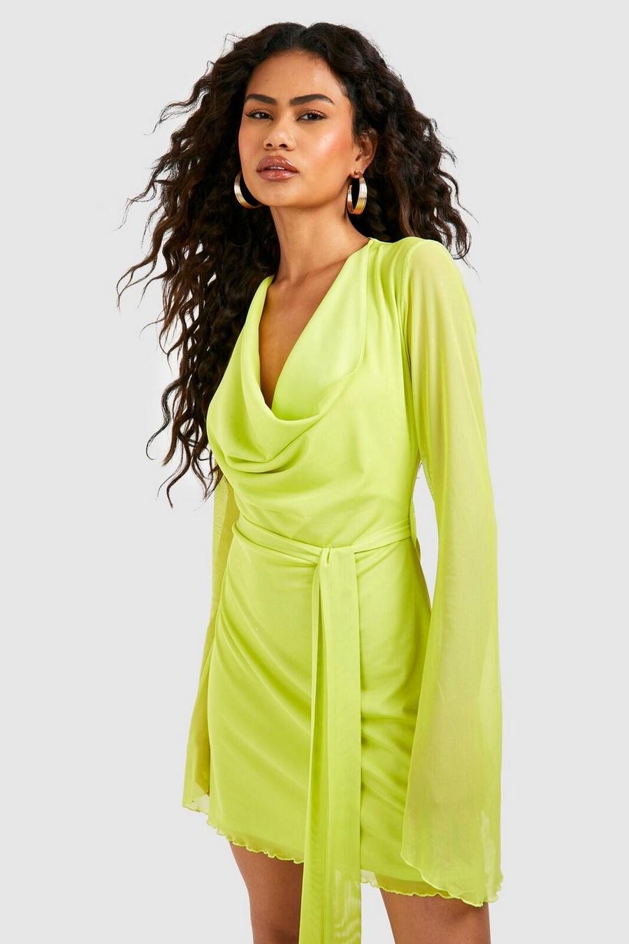 Chartreuse Mesh Flare Cuff Mini Dress