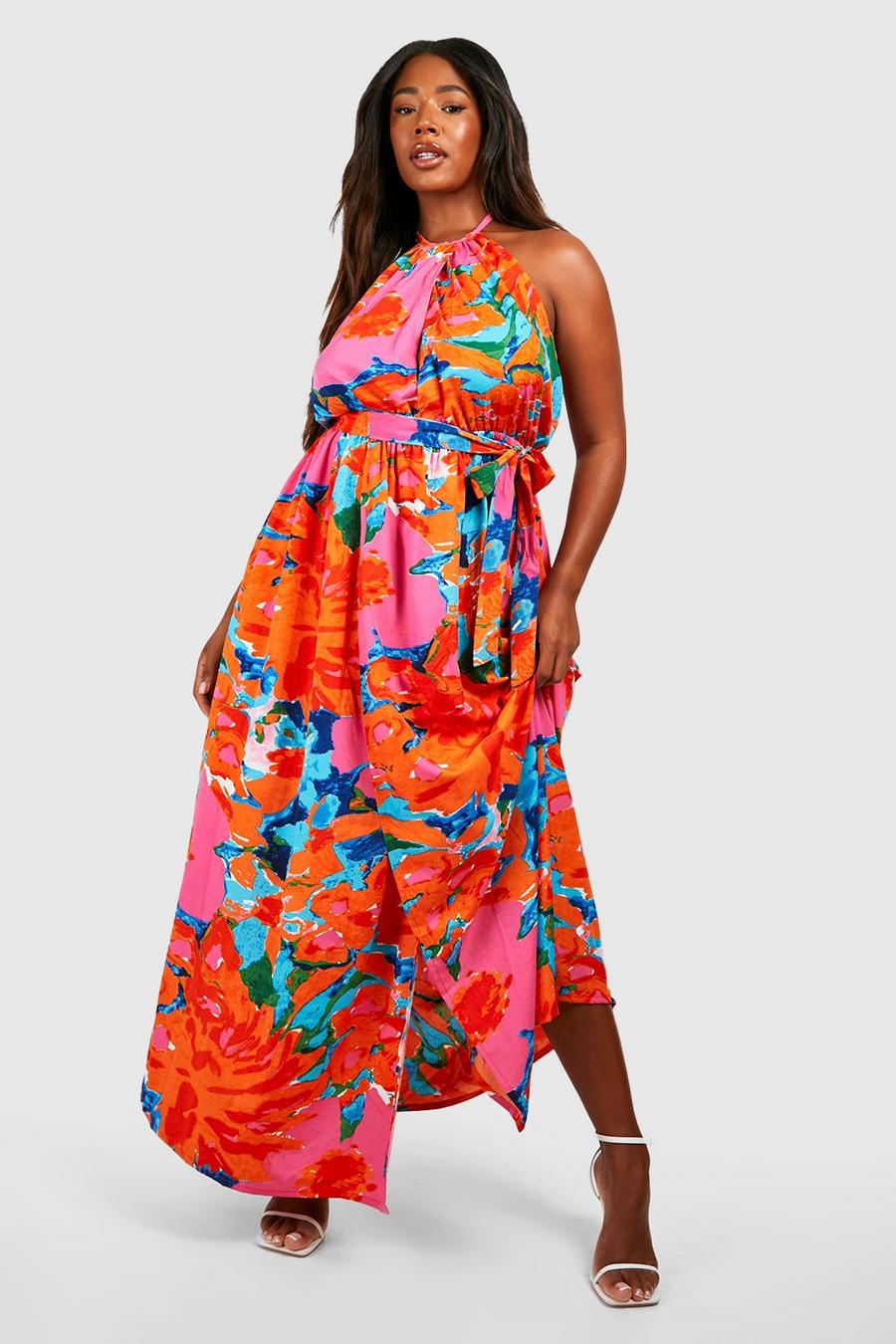 Vestito maxi Plus Size allacciato al collo a fiori, Orange