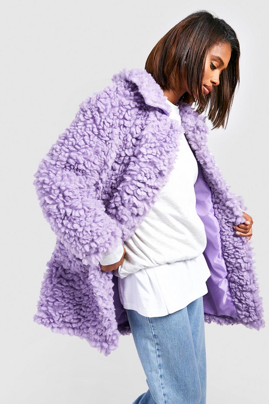 Lilac Textured Collared Faux Fur Coat 