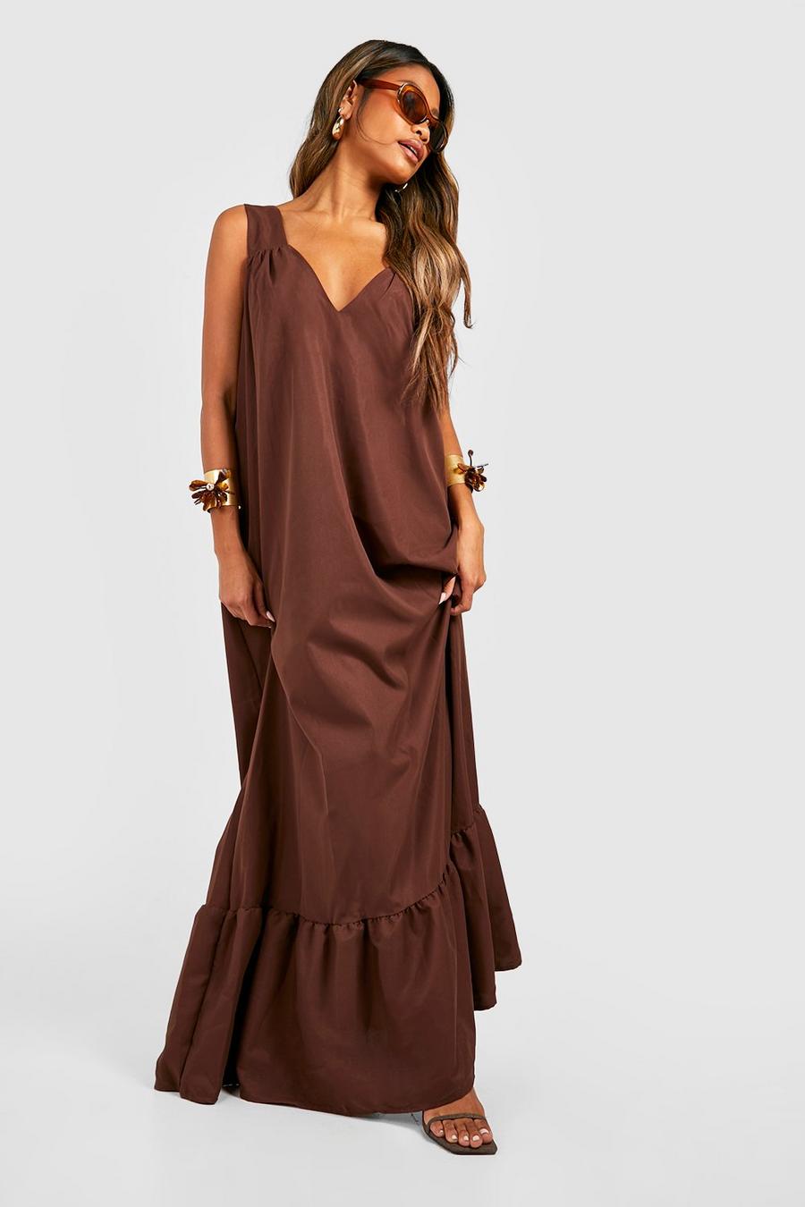 Chocolate Poplin Trapeze Maxi Dress