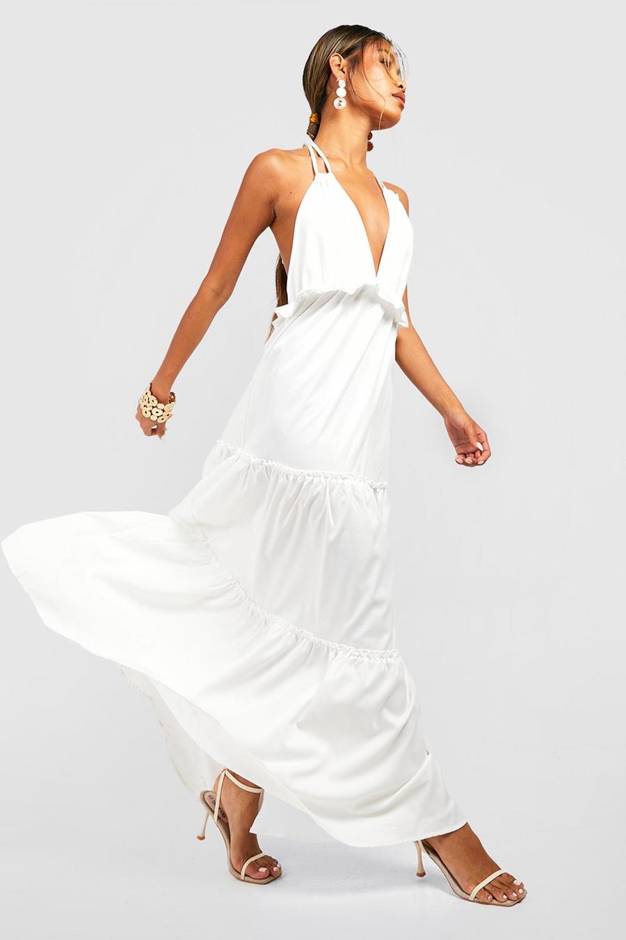 Vestito maxi in popeline con balze, White