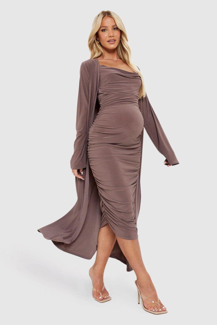 Mocha Maternity Strappy Cowl Neck Dress And Duster Coat