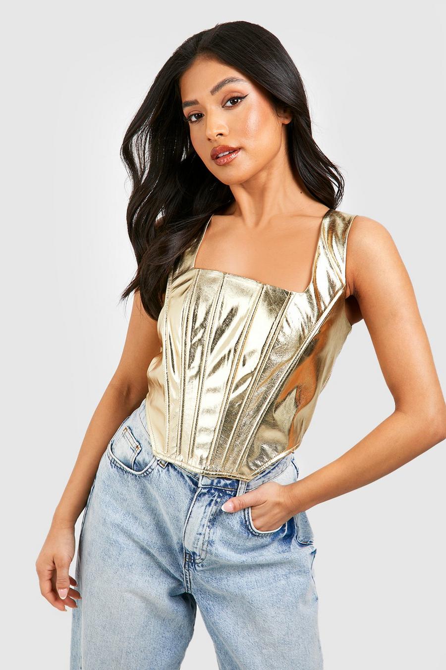Top a corsetto Petite metallizzato con cuciture, Gold