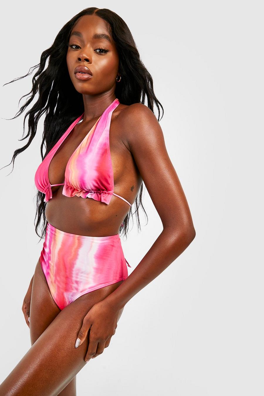 Set bikini a vita alta in fantasia tie dye con arricciature, Pink