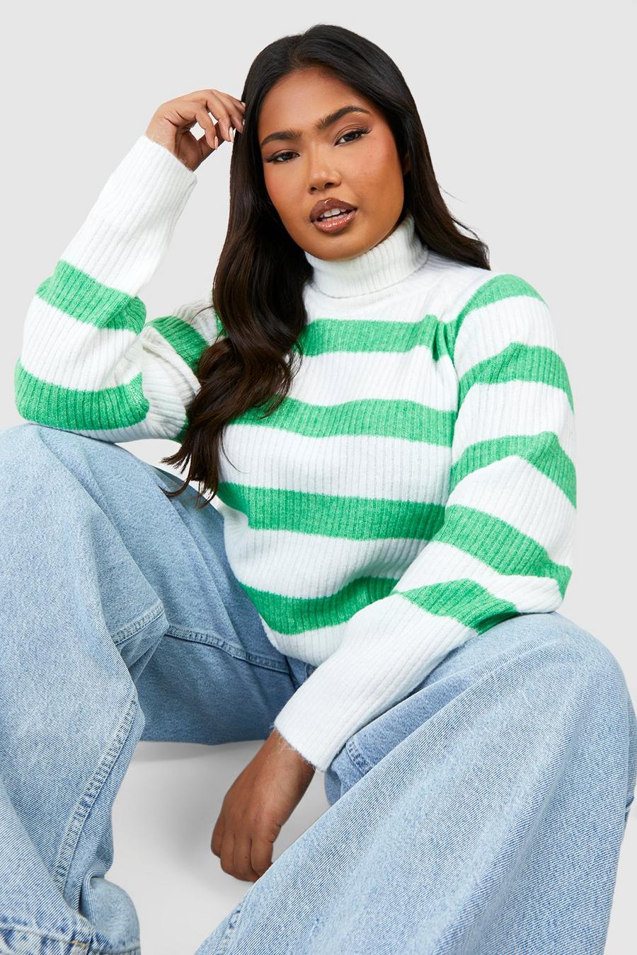 Green Plus High Neck Stripe Sweater