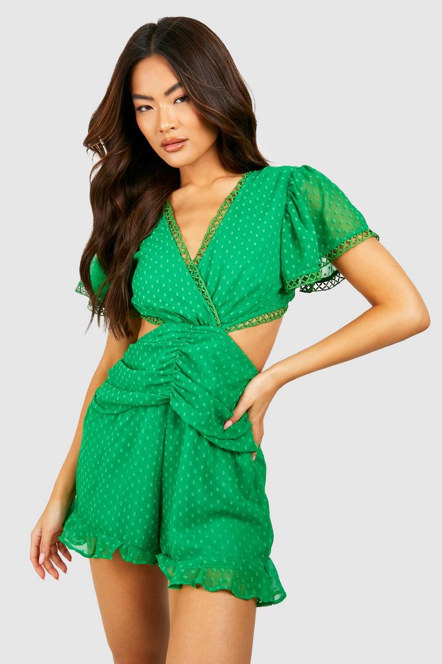 Bright green Dobby Playsuit Met Uitsnijding