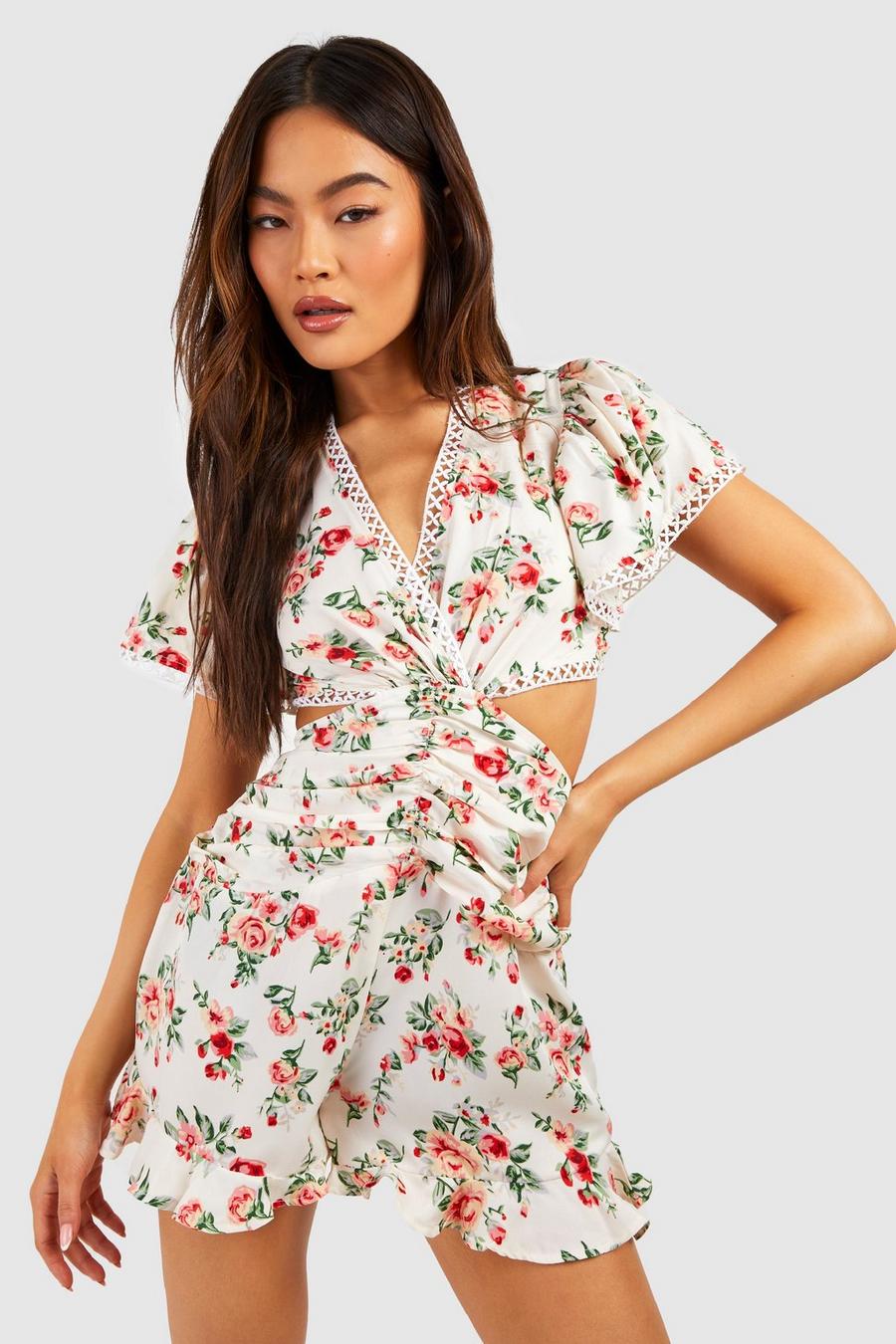 White Floral Print Cut Out Playsuit image number 1