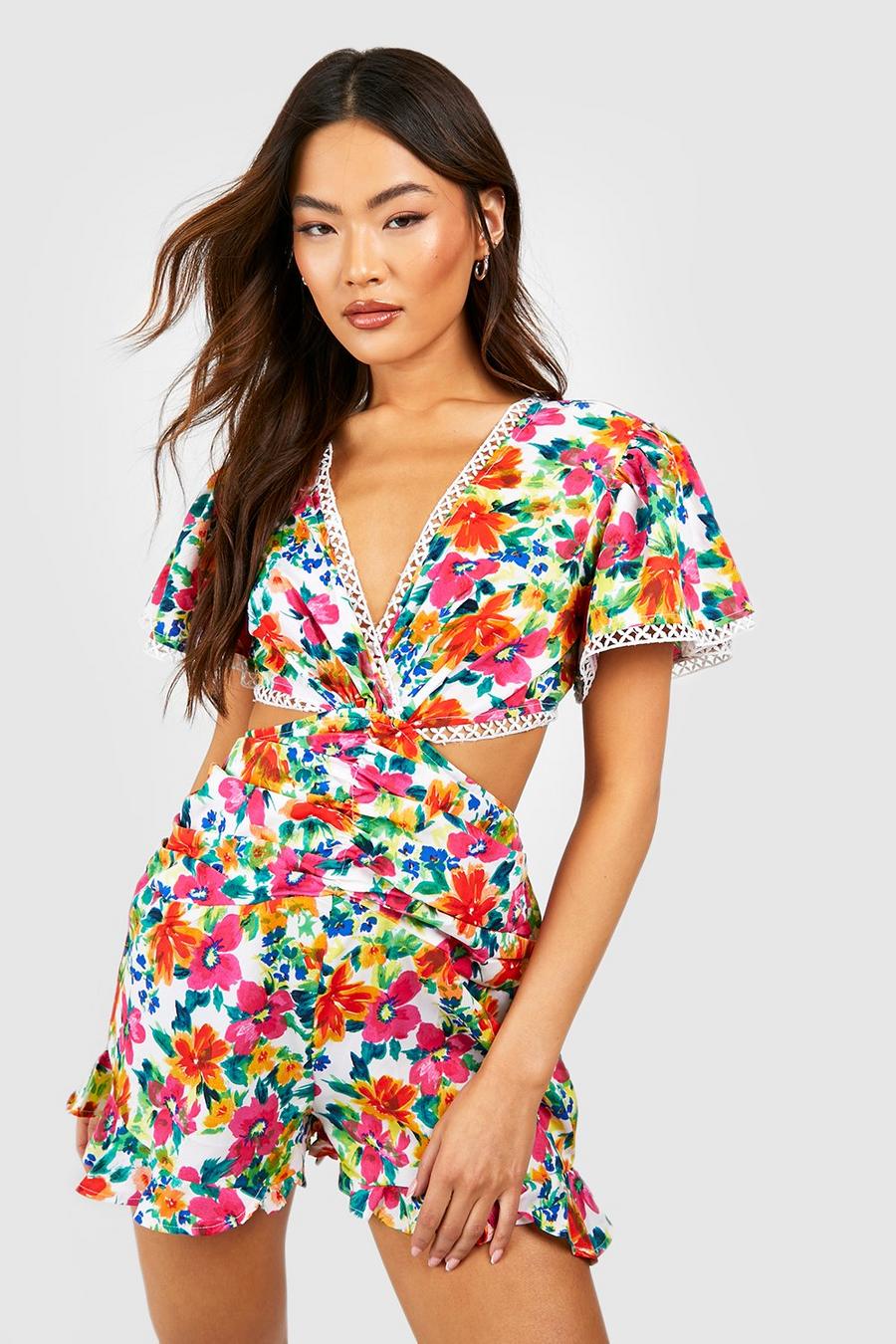 White Floral Print Cut Out Playsuit