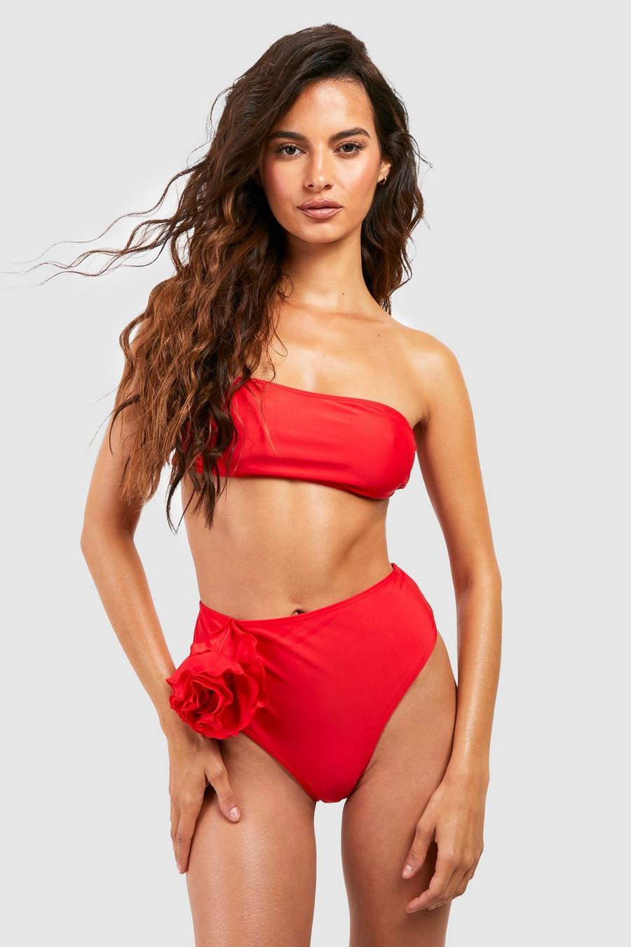 Set bikini a vita alta a fascia con corsetto e rose, Red