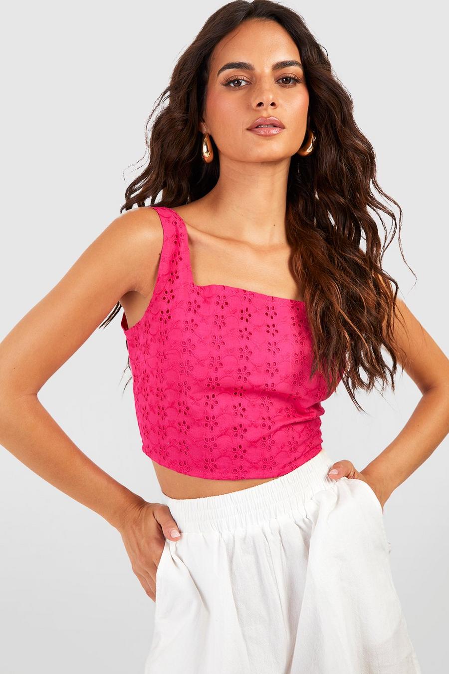 Crop top style broderie, Hot pink