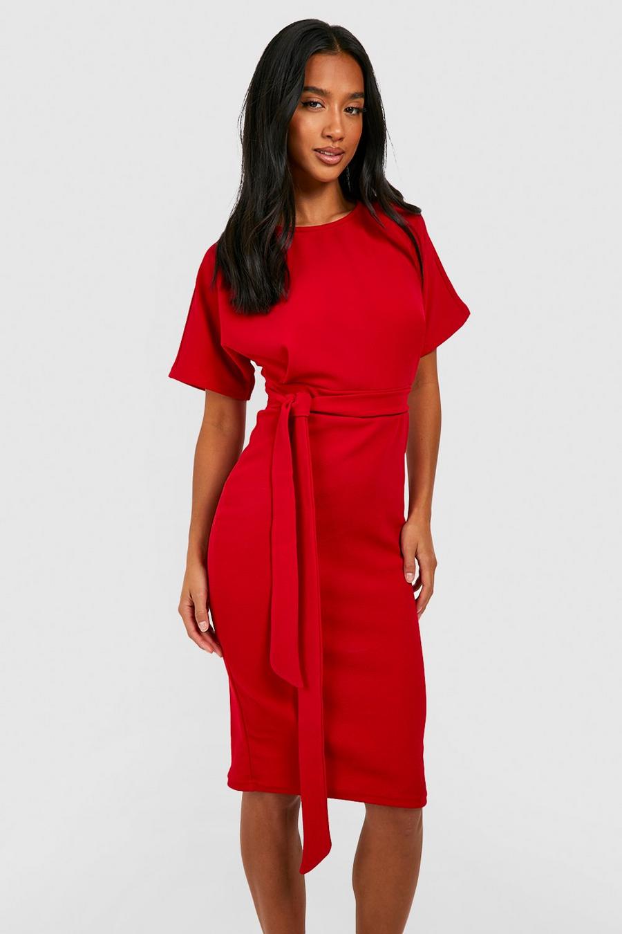 Red  Petite Tie Waist Formal Wiggle Midi Dress