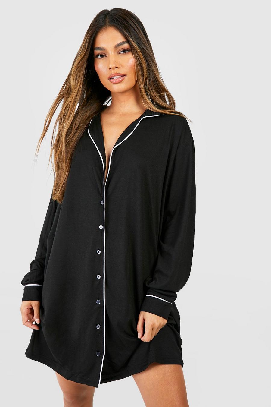 Black Button Through Jersey Knit Night Shirt Dress image number 1