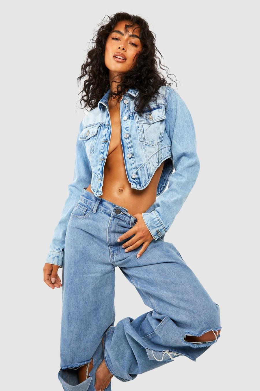 Bleached blue Bleach Wash Curved Hem Denim Jacket 