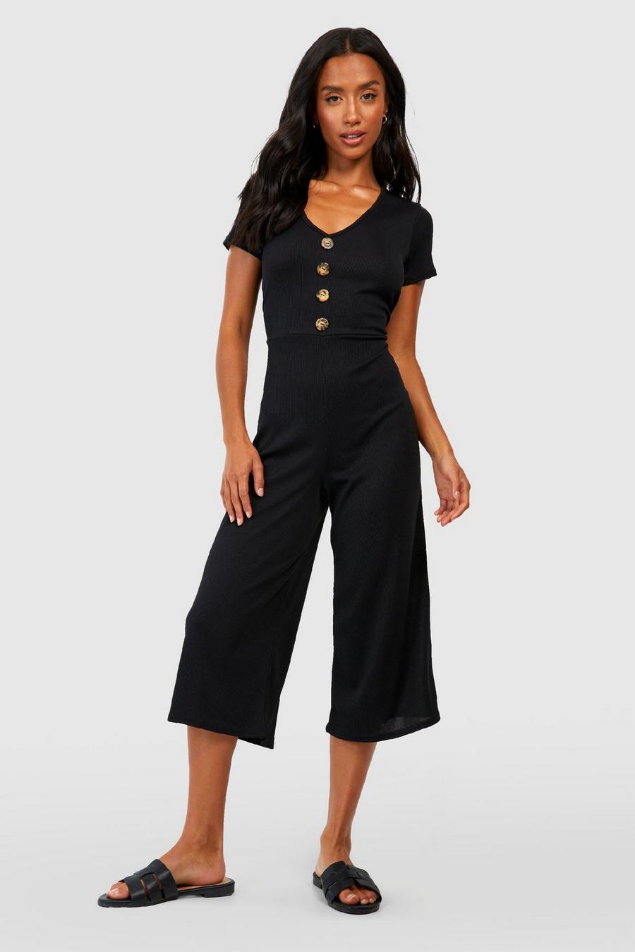 Black Petite Ribbad jumpsuit i culottemodell med knappar i hornimitation image number 1