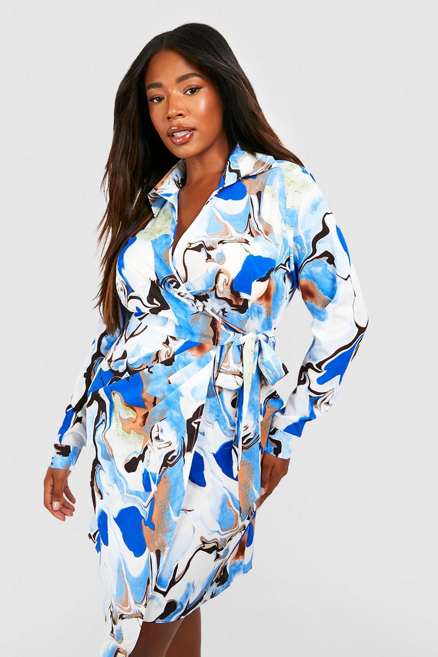 Grande taille - Robe chemise à imprimé marbre, Blue image number 1
