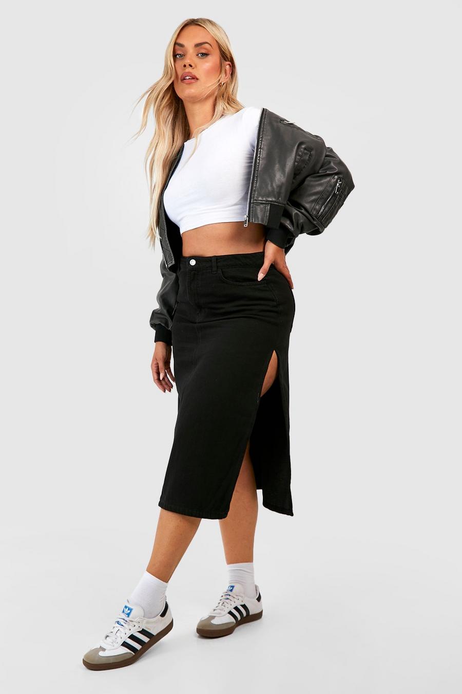 Black Plus High Waisted Side Split Denim Midi Skirt