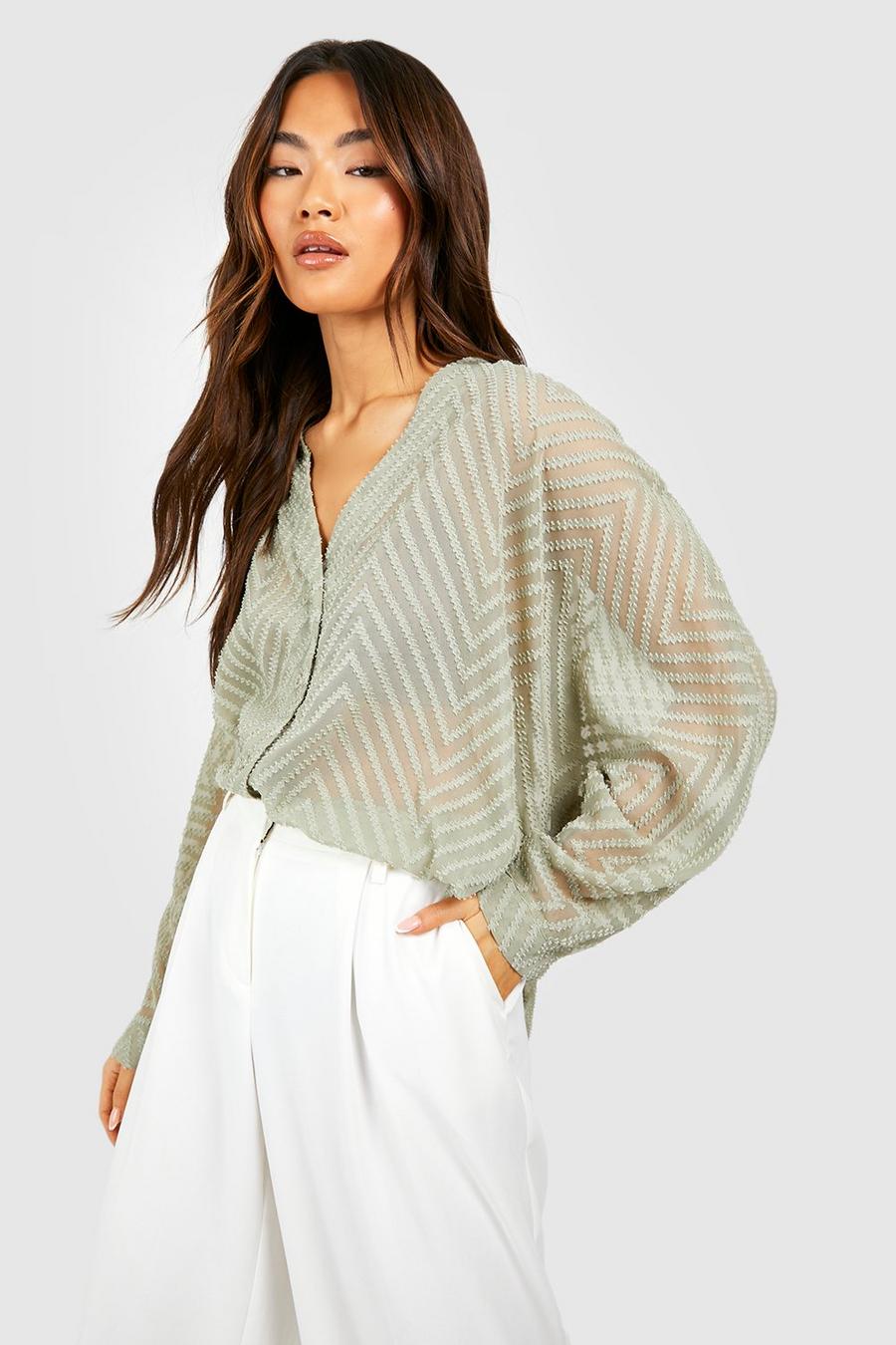 Sage Textured Relaxed Fit Volume Sleeve Blouse