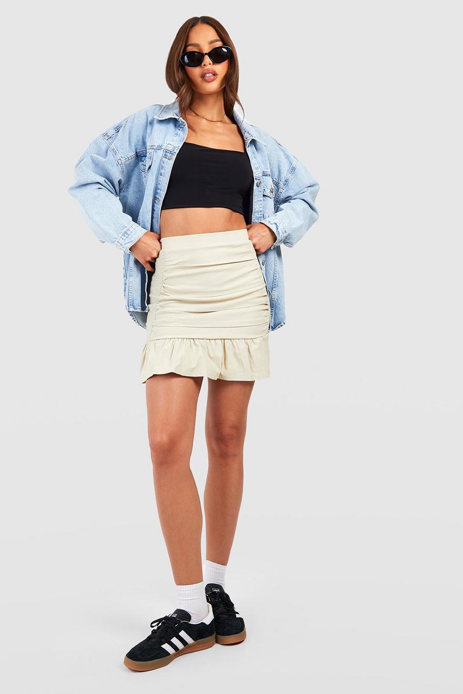 Stone Tall Ruched Frill Hem Stretch Mini Skirt