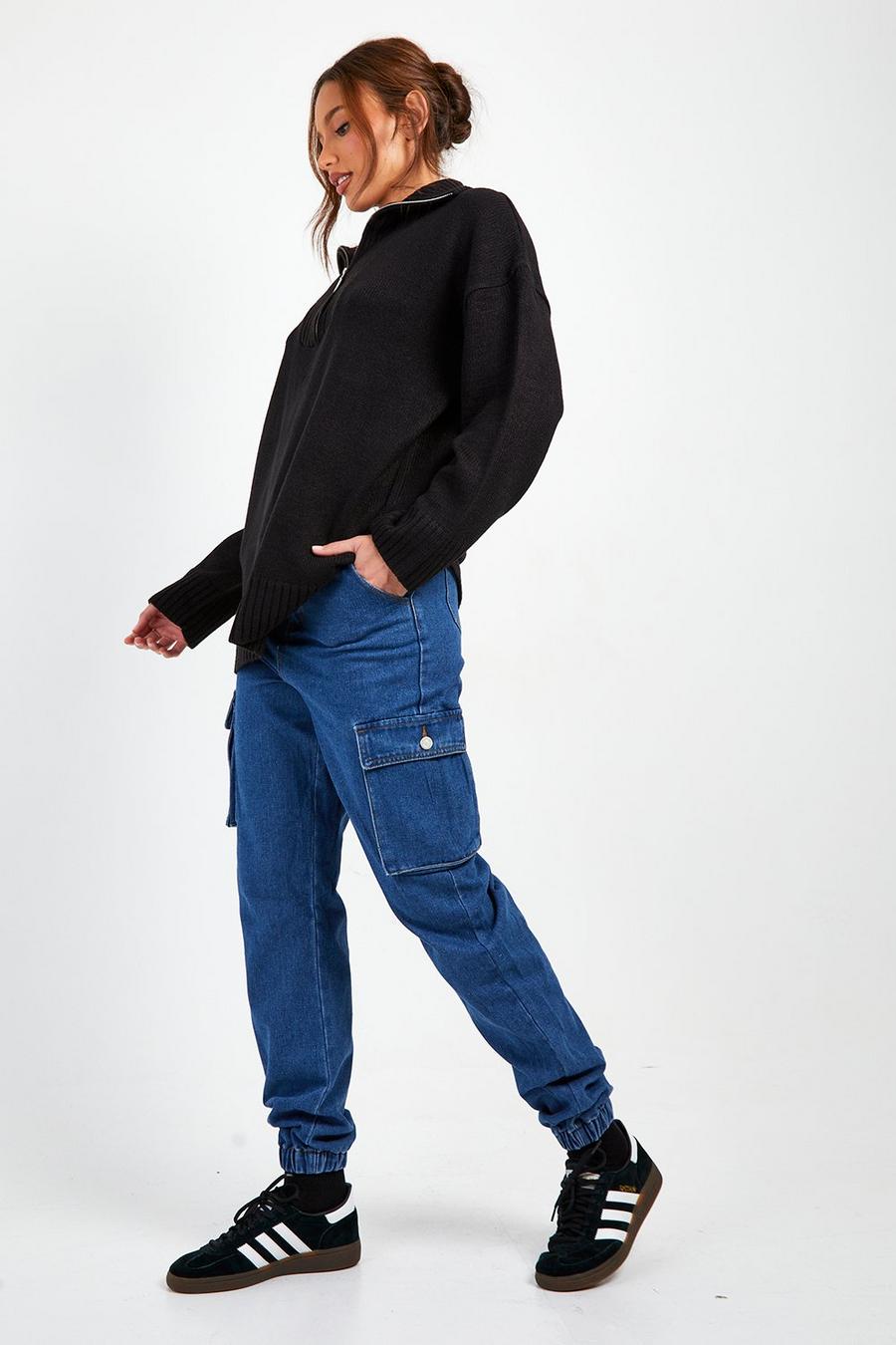 Mid wash Tall High Waisted Denim Cargo Track Pants