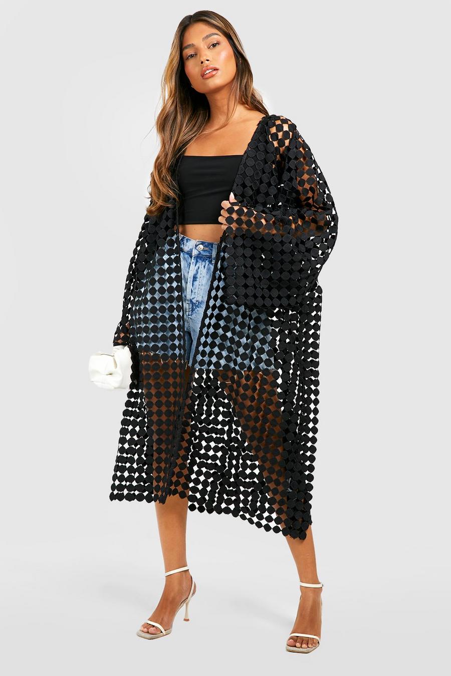 Kimono lungo in pizzo a disco con maniche ampie, Black