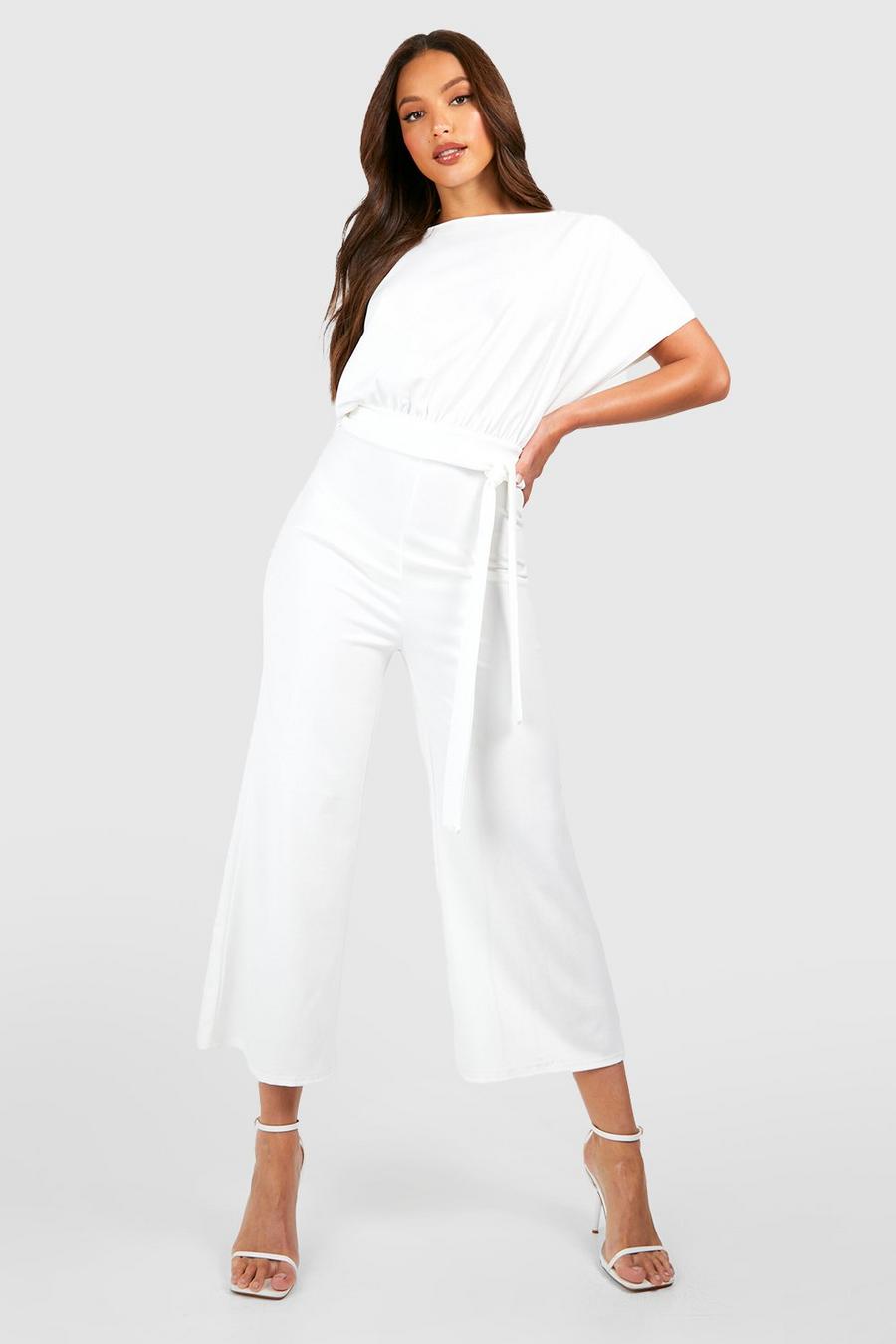 White Tall Boat Neck Tie Waist Culotte Jumpsuit