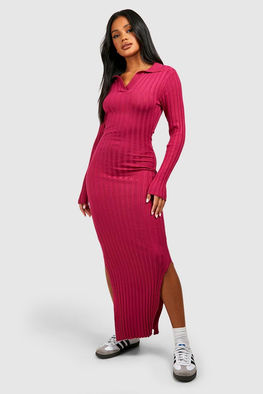 Raspberry Wide Rib Knitted Maxi Dress