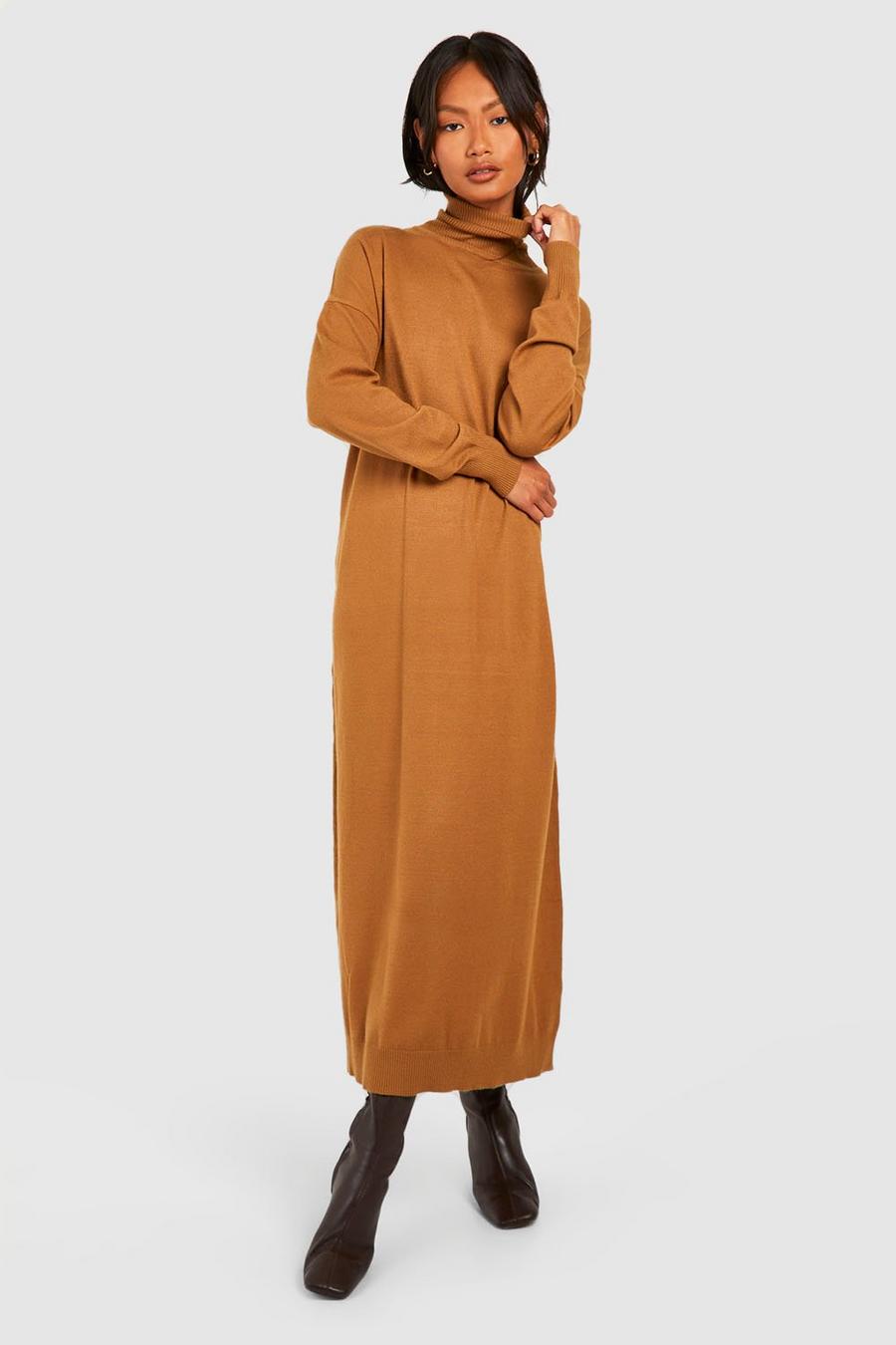Biscuit Fine Knit Roll Neck Knitted Midaxi Dress