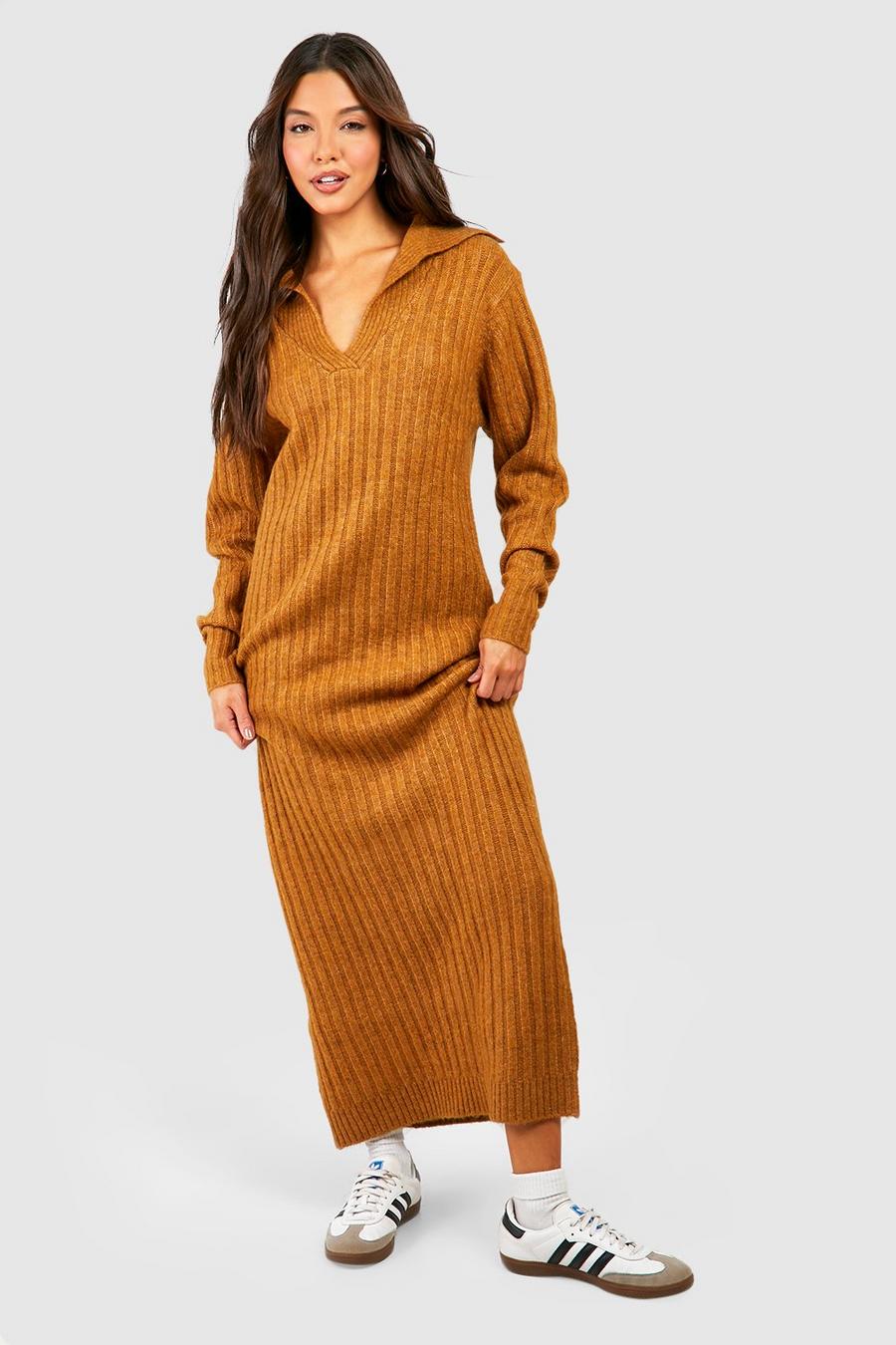 Biscuit Soft Wide Rib Polo Collar Maxi Jumper Dress